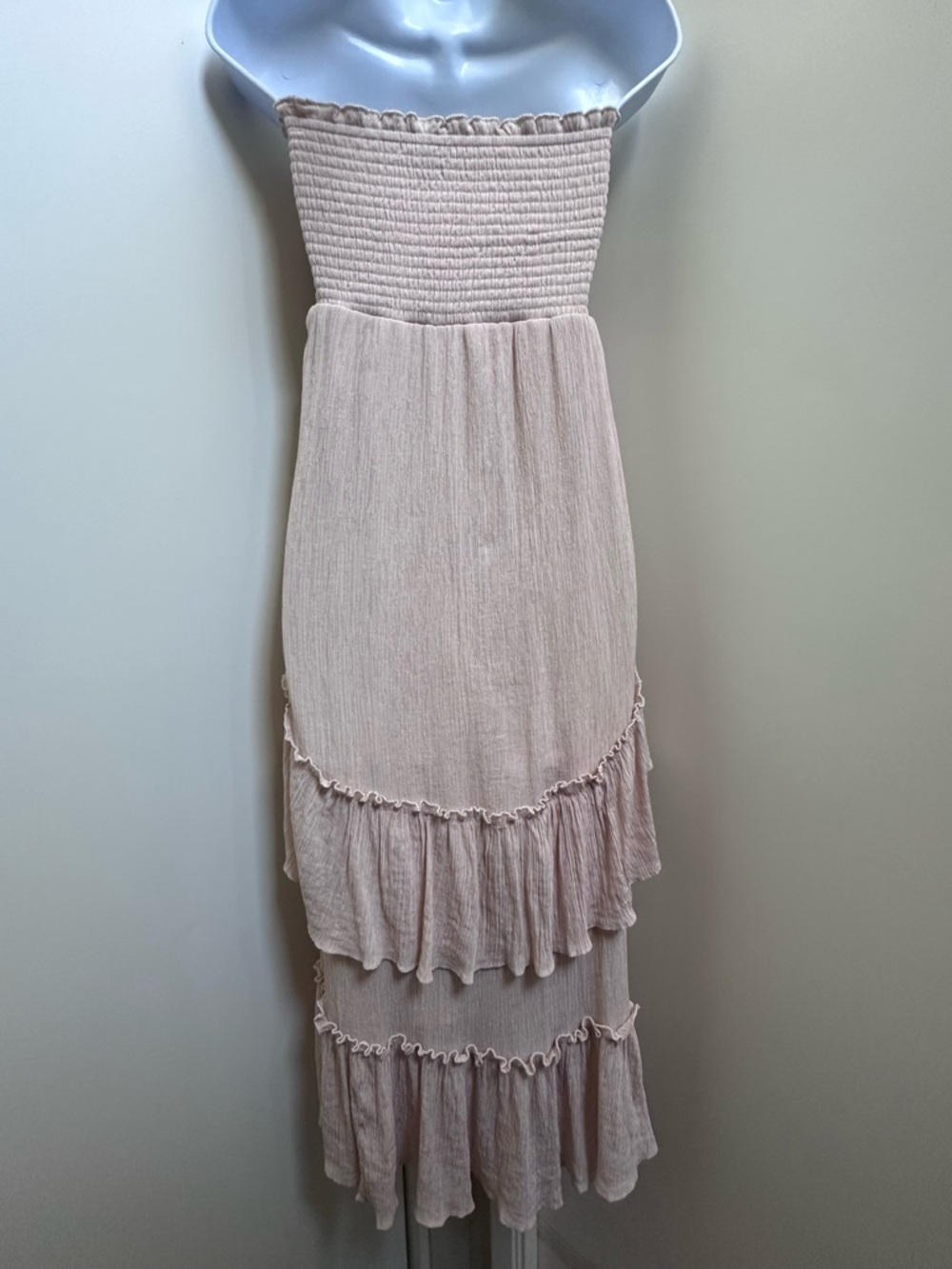 Smocked Strapless Midi Dress with Ruffle Tiers in Dusty Rose - Picture 3 of 5